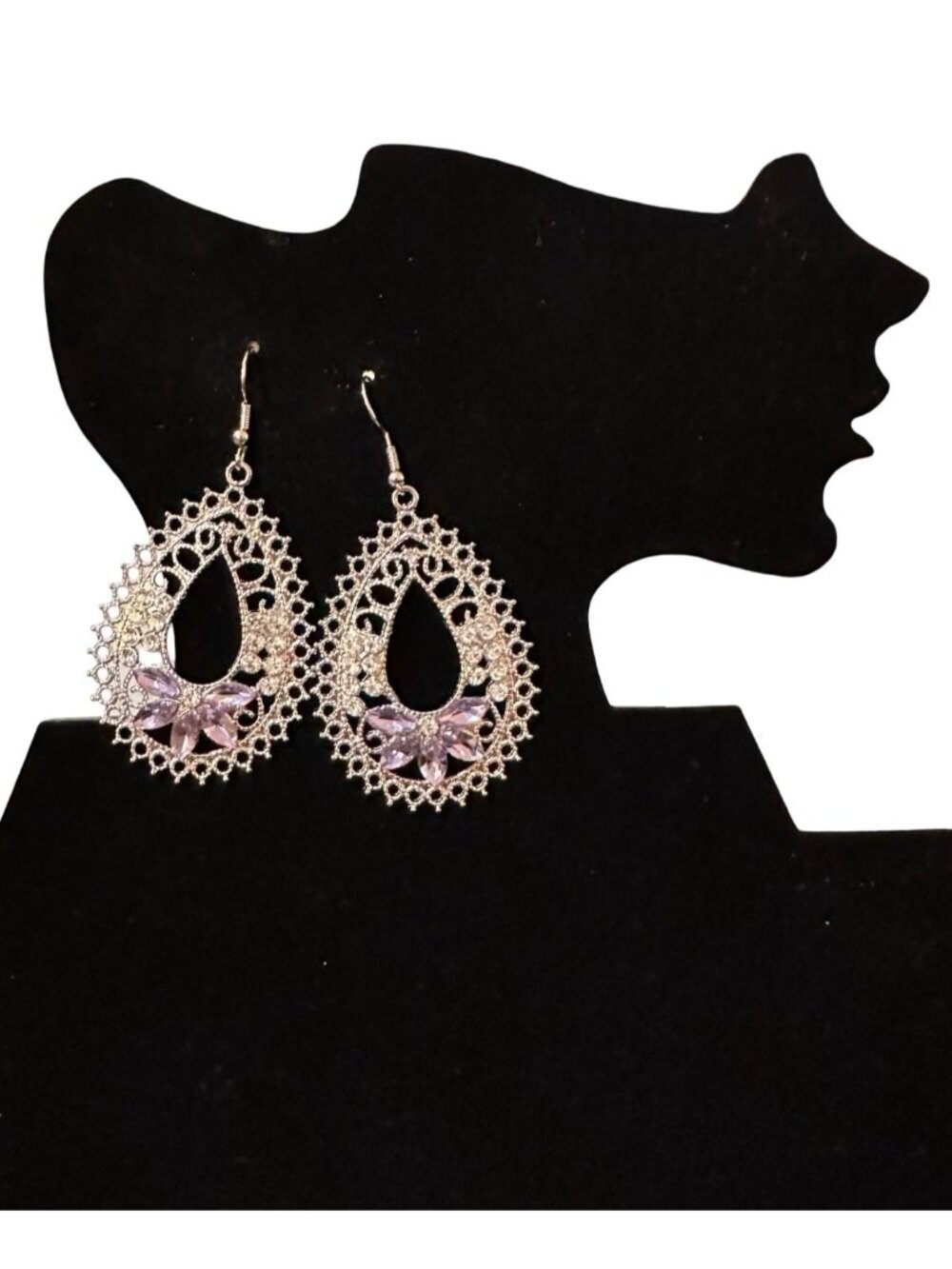Teardrop Crystal Floral Dangle Earrings With Rhinestone Accents Silver Tone NWOT